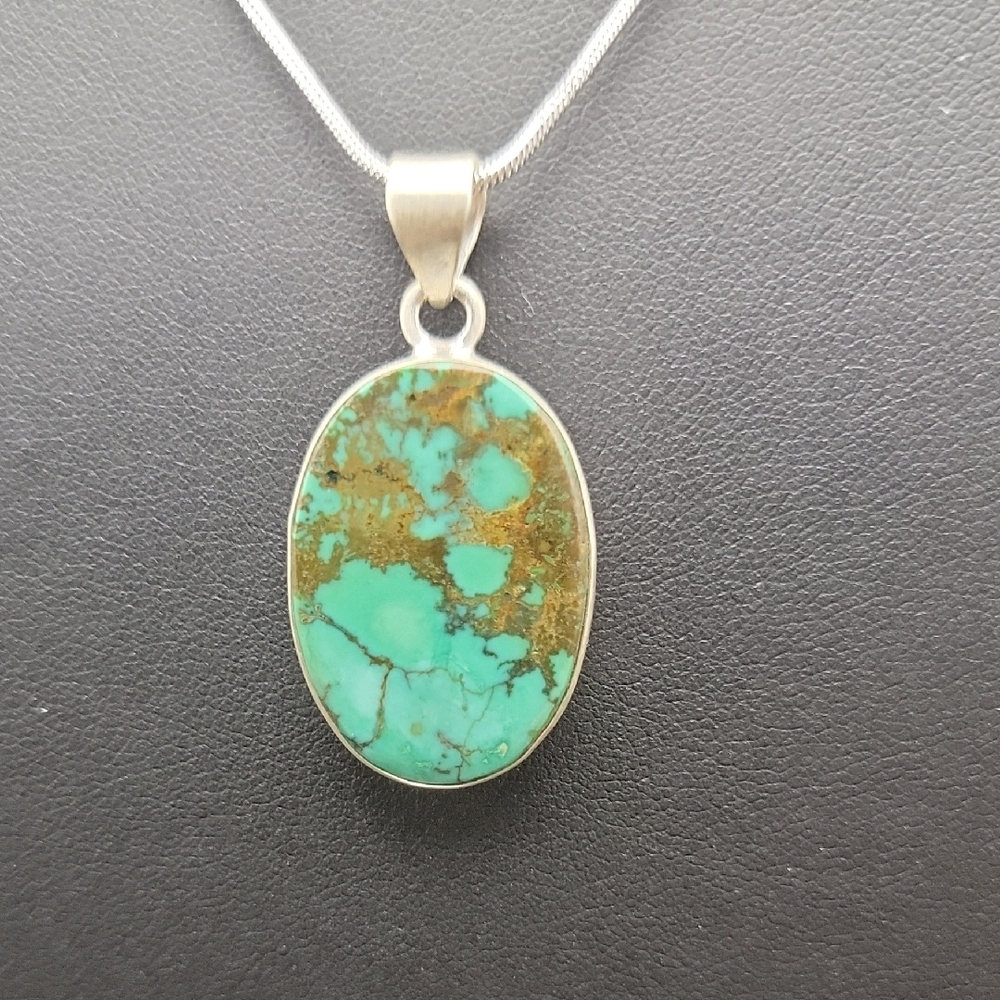 Kingman Morenci Turquoise 925 Sterling Silver Open Back Cabochon Pendant Unisex